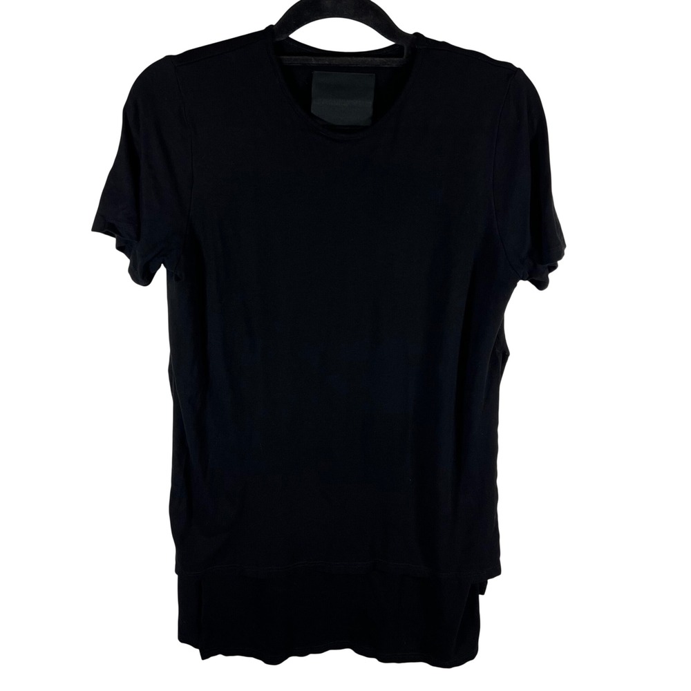 NOMEN NESCIO Black Layered Hem Short Sleeve T-Shirt Minimalist Crew Neck Top